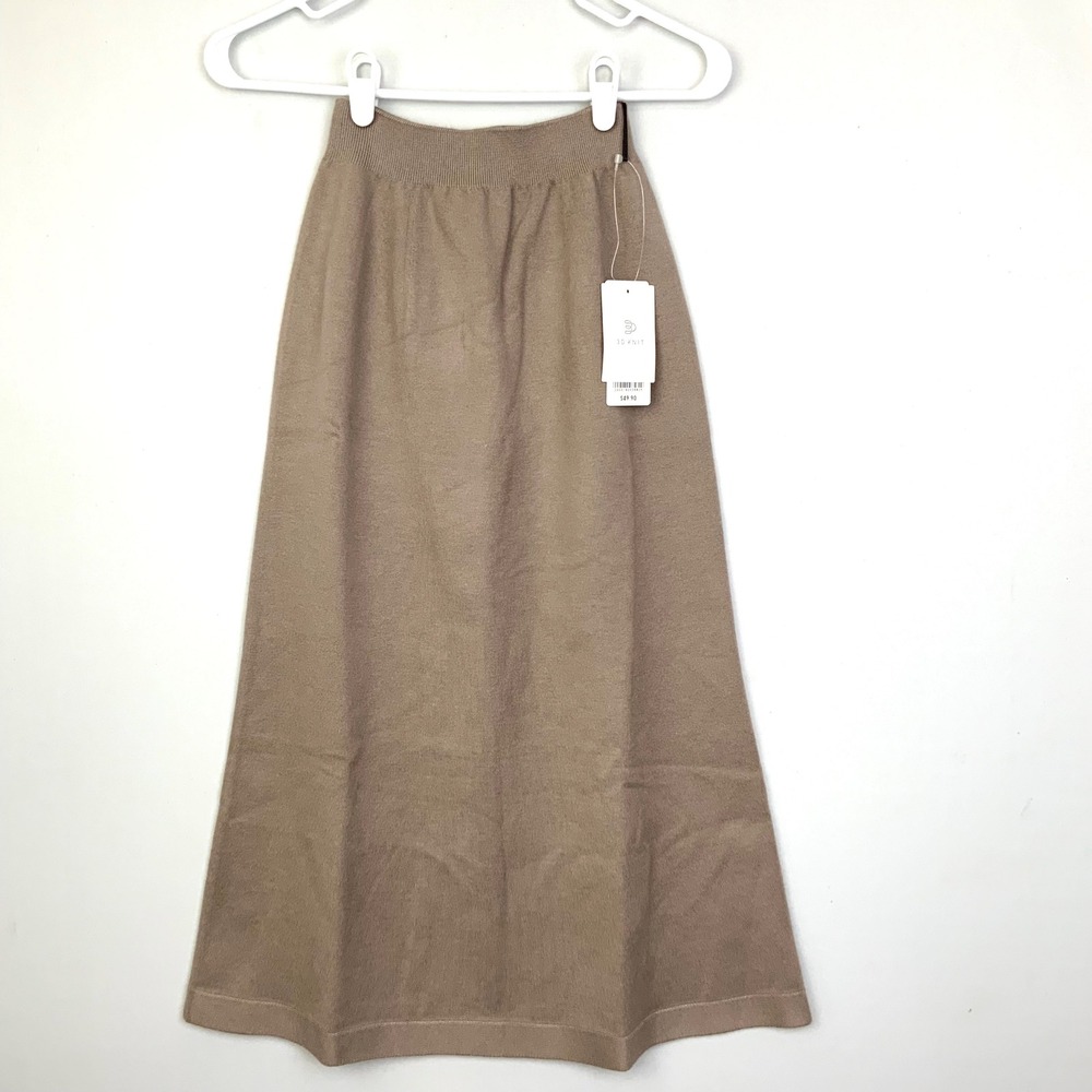 NWT Uniqlo Sz XXS/XS Tan 3D Knit Soufflé Yarn Knit Seamless Pull On Midi Skirt